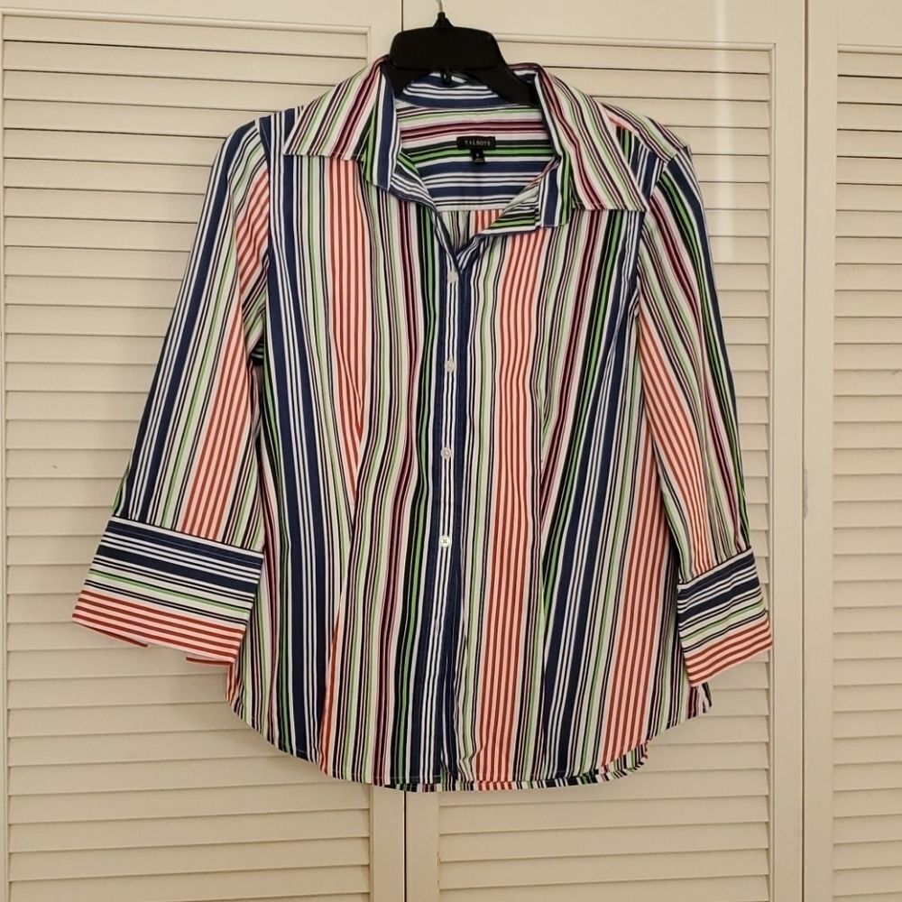 Talbots Multicolor Striped Button-Down Shirt — Navy, Pink, Green, White